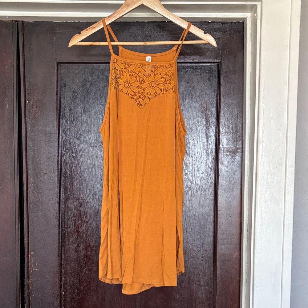 Zenana Outfitters Rust Orange Crochet Yoke Cami Tunic/Dress